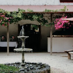 A petit fountain trickling water in the middle of the courtyard